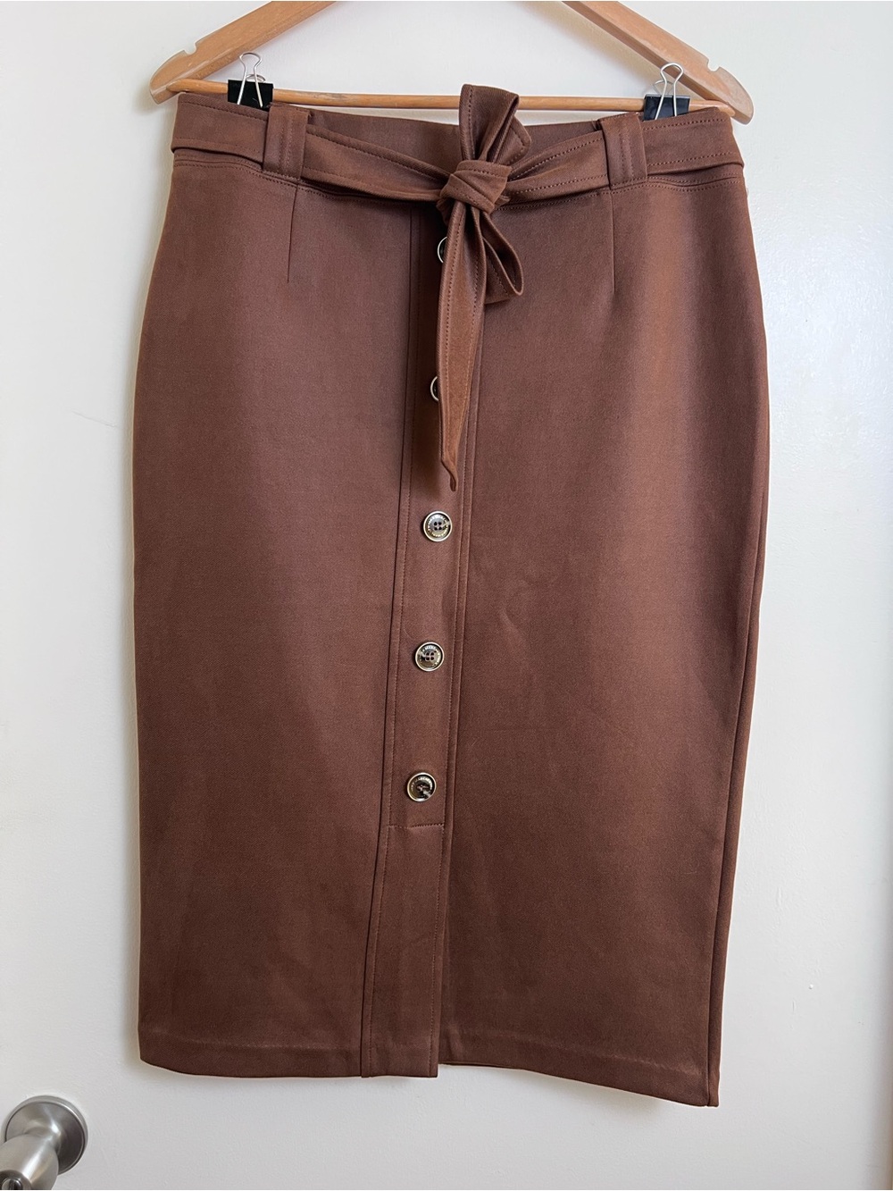 Marc New York Brown Belted Pencil Midi Skirt Medium Stretch Button Detail